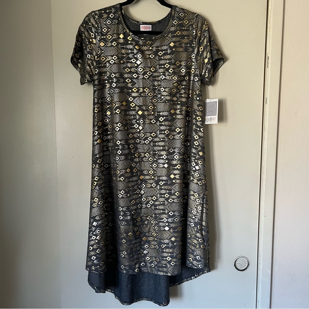 LuLaRoe Carly Dress Elegant Arrow Metallic High Low Women NEW Small Gray‎ Gold